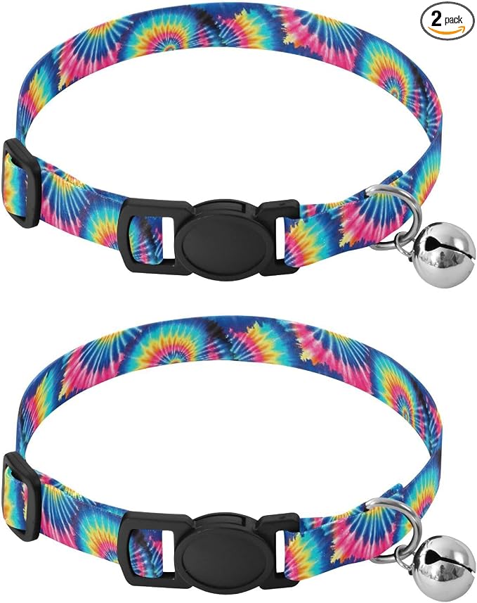 Tie Dye Black Lightweight Small Dog Collar, 2 Pack Collar with Bell for Dog Puppy