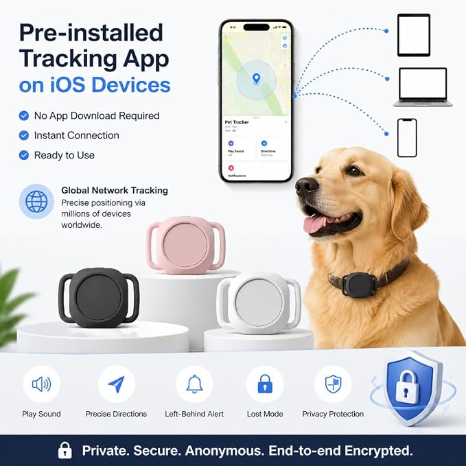 GPS Dog Collar Tracker - Pet GPS Tracker Works with iOS Devices (No App Needed), Lightweight Dog GPS Tracker, GPS Dog Collar No Monthly Fee with Long Battery & Cat GPS Collar (Pink)