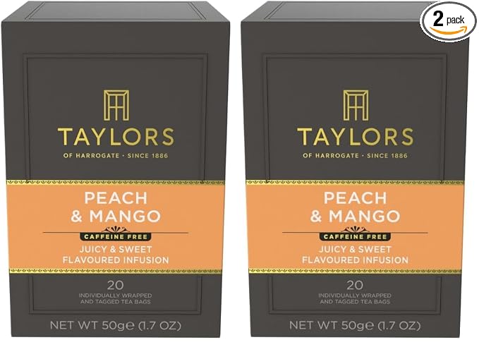Taylors of Harrogate Peach & Mango, Herbal Tea, Individually Wrapped Teabags, 20 Count (Pack of 2), Juicy, Smooth, and Subtly Sweet, Caffeine-Free, Enjoy Hot or Iced, 20 Teabags