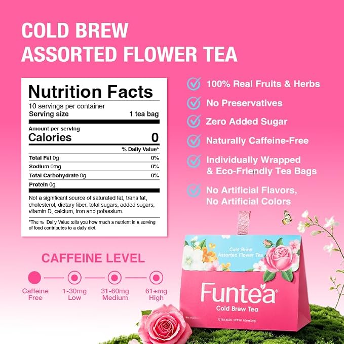 Funtea Cold Brew Flower Tea Bags, Caffeine Free Herbal Tea, Unsweetened Natural Floral Tea, Individually Wrapped, Refreshing Iced Tea for Daily Hydration, 10 Count(Pack of 1) (Assorted Flower Tea-10 Count)