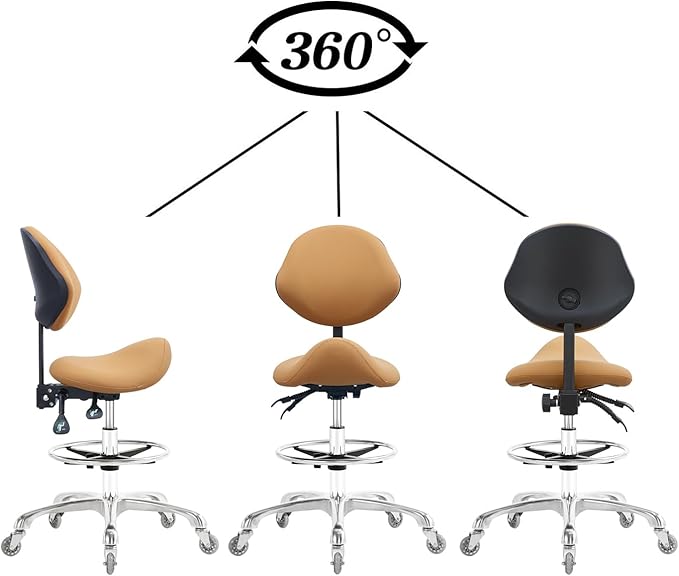 Saddle Stool Chair with Back Support Footrest, Heavy-Duty(350LBS), Hydraulic Rolling Swivel Adjustable Stool Chair for Salon Spa Beauty Massage Dental Clinic Home Office Use(Camel)