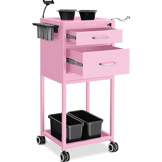 TASALON Salon Rolling Cart with 2 Magnetic Bowls - Space Saving Metal Trolley for Beauty, Tattoo & Hair Stylists, Multipurpose Salon Station Cart (Pink)