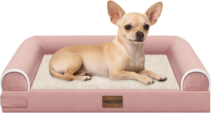 Orthopedic Dog Bed for Small Dogs, 24 x 16 Inch, Pink | Egg crate foam for joint support, 3-sided bolster pet sofa, waterproof lining, washable cover, and non-skid base