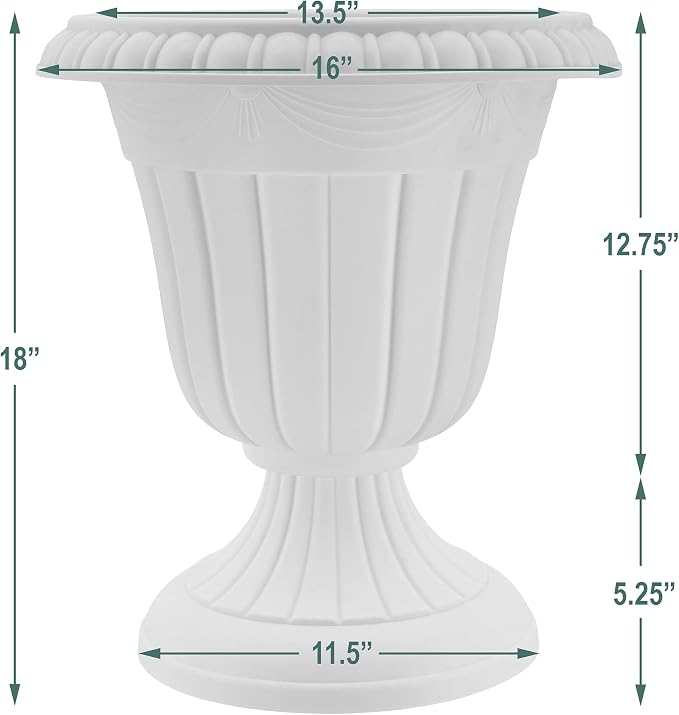 Arcadia Garden Products PL00CW Classic Traditional Plastic Urn Planter Indoor/Outdoor, 16" x 18", White Wash