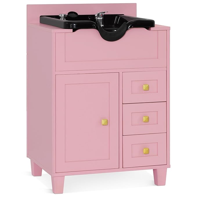 BarberPub Barber Storage Shampoo Station, Spa Textured Embossed Cabinet with Shampoo bowl & Drawers, Hair Salon Sink Backwash Equipment 7131 (Pink)