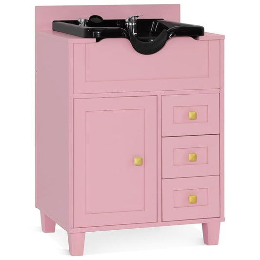 BarberPub Barber Storage Shampoo Station, Spa Textured Embossed Cabinet with Shampoo bowl & Drawers, Hair Salon Sink Backwash Equipment 7131 (Pink)