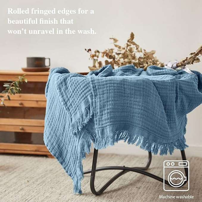 Simple&Opulence Cotton Muslin Throw Blanket for Bed, Couch, Knit Woven Gauze Blanket with Tassels, Soft Lightweight Cozy Pre-Washed Breathable Farmhouse Decoration for All-Season (Dusty Blue)