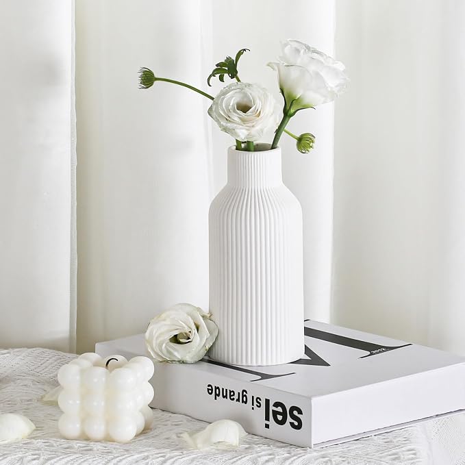 Bohemian White Ceramic Vase - for Pampas Grass, Mantel, Bookshelf, Entryway and Living Room Decor (White, 7in)