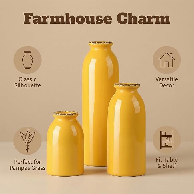 3Pcs Yellow Ceramic Vases, Decorative Vases for Modern Farmhouse | Neutral Pottery Decor for Table Mantel Entryway Bookshelf Living Room