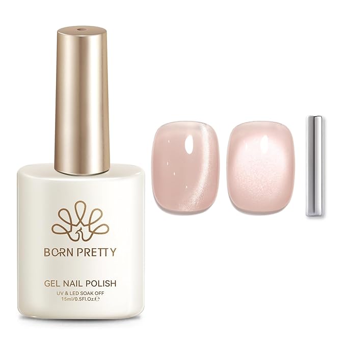 Born Pretty Glassy Nude Cat Magnetic Eye Gel Nail Polish,Glitter Nude Light Pink Jelly Translucent Magnetic Gel Polish,Soak Off U V Gels Nail Art Design Salon DIY Home 15ML