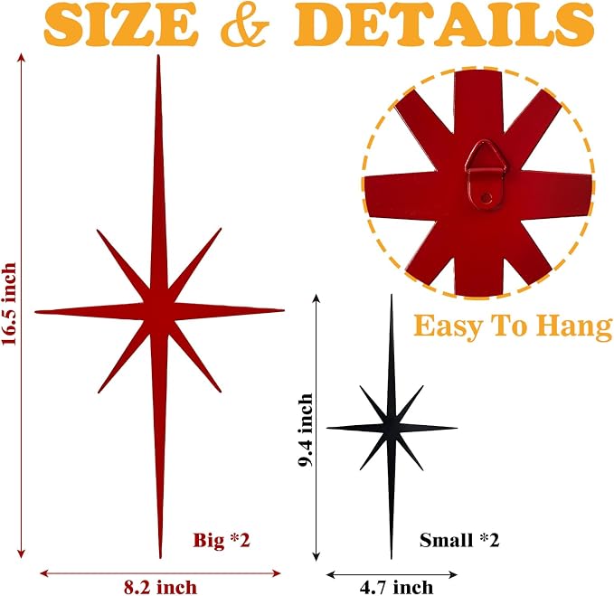 4 Pcs Star Wall Art for Home Decor Living Room Bedroom Office Metal 3D,Bling,with Hanging Hook Starburst Midcentury Sculpture Retro Gallery Accent Celestial -Gold 16.5in/9.4in