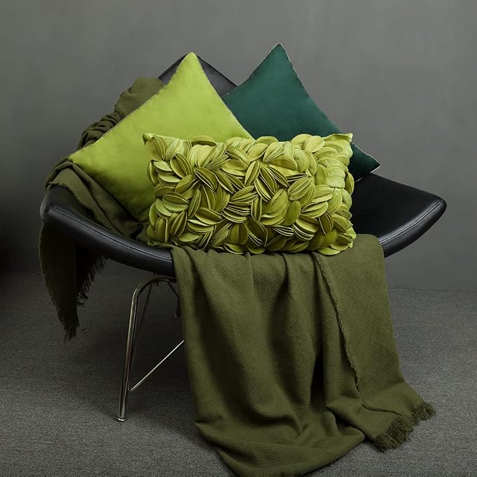 KINGROSE Velvet 3D Flower Lumbar Throw Pillow Cover, Green, 12 x 20 Inches | Floral Decorative Pillowcase, Soft Cushion Cover, For Bed Couch Sofa Living Room Summer