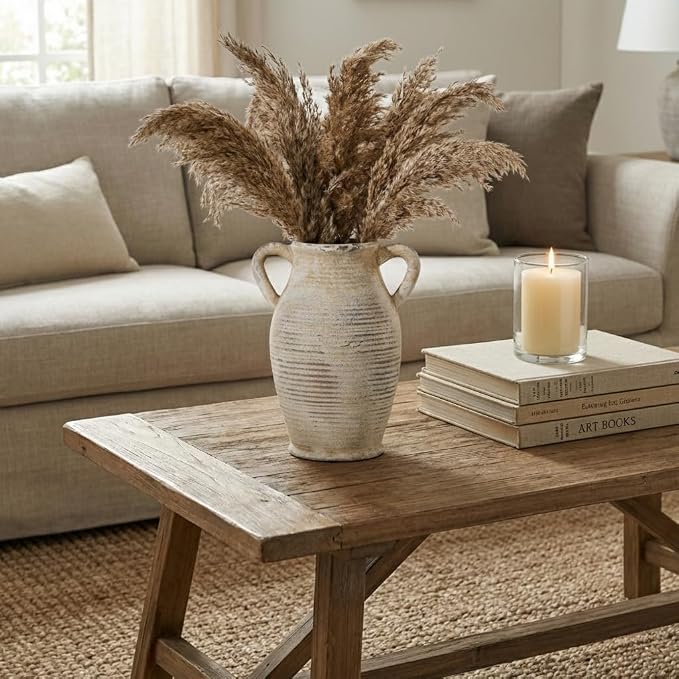Emotionally Grounded Vase, Vaseking Large Ceramic Rustic Vase with 2 Handles, 9.8 inch Minimalist Decorative Farmhouse Tall Vases for Home Decor, Living Room, Enterway, Wedding, Fired Terra Clay