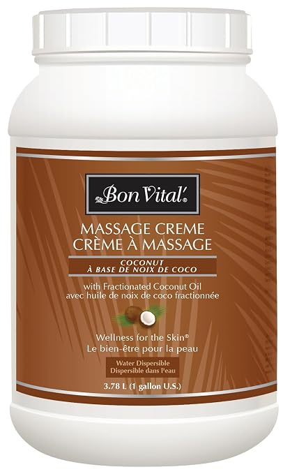 Bon Vital' Coconut Massage Crème Made with 100% Pure Fractionated Coconut Oil, Massage Cream & Moisturizer to Repair Dry Skin, No Greasy Feel, Anti-Aging Cream for Professional Massage, 1 Gallon Jar