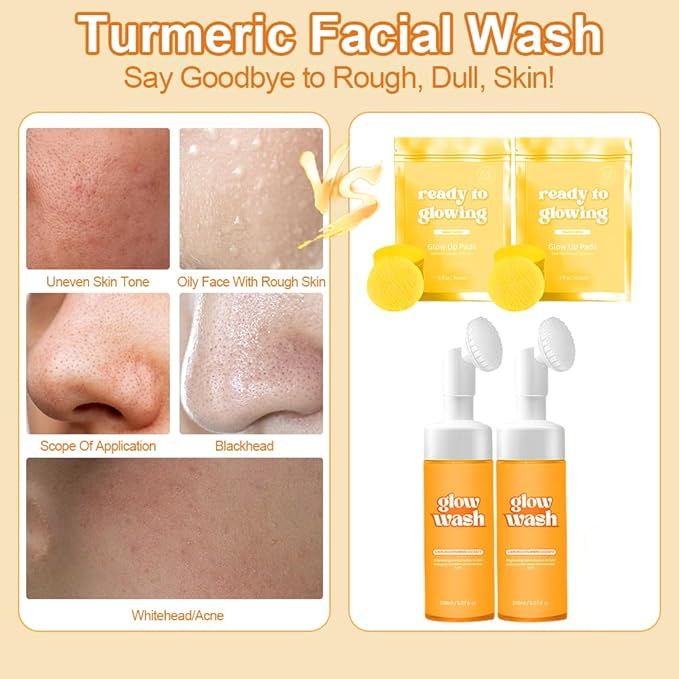 2PCS Turmeric Wash and Care, Turmeric Facial Wash and 60PCS Face Cleansing Pads, Cleansing Exfoliating Pads for Face & Body Natural Skincare