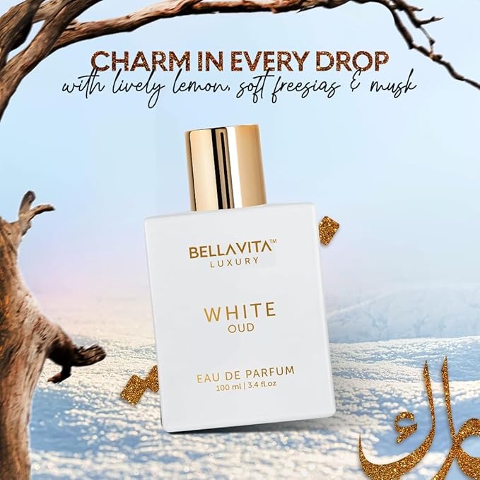 Bellavita Luxury White Oud Eau de Parfum | 100 ml (3.4 fl.oz.) | Perfume for Men and Women | Fruity, Artemisia Lemon, Freesia, and Tobacco Notes | Long Lasting Unisex Fragrance