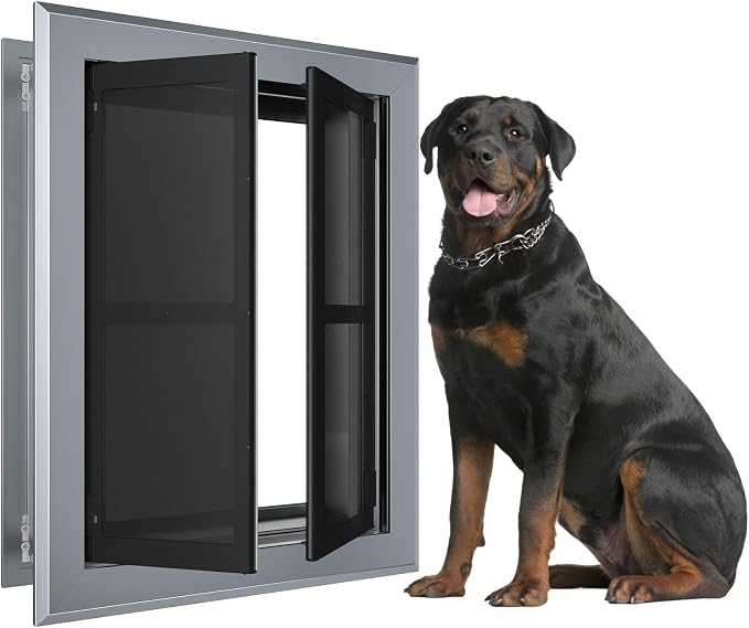 Extra Large Heavy Duty Aluminum Dog Door, Gray for 200 LBS Dogs | French Aluminum Dog Door with Double Magnetic Flaps & telescoping Tunnel, Sturdy Frame for Dogs up to 200 LBS