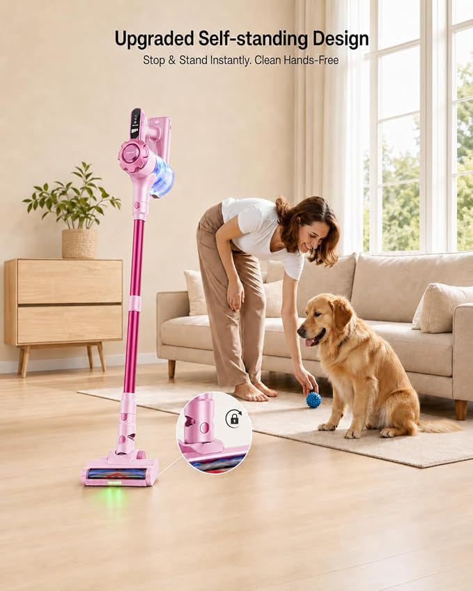 Trucozie Cordless Vacuum Cleaner, 8-in-1 Lightweight Stick Vacuum with 45mins Runtime, Powerful Suction, Green Light & Self-Standing Vacuum Cleaners for Home, Hardwood Floors, Carpet, Pet Hair, Pink