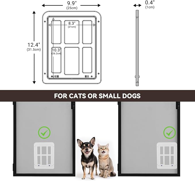 Dog Door for Screen Door, Small Pet Door for Small Dogs Cats, 8.3" x 10.3" Magnetic Flap with Lockable Insert, Sliding Screen Door Compatible, White S