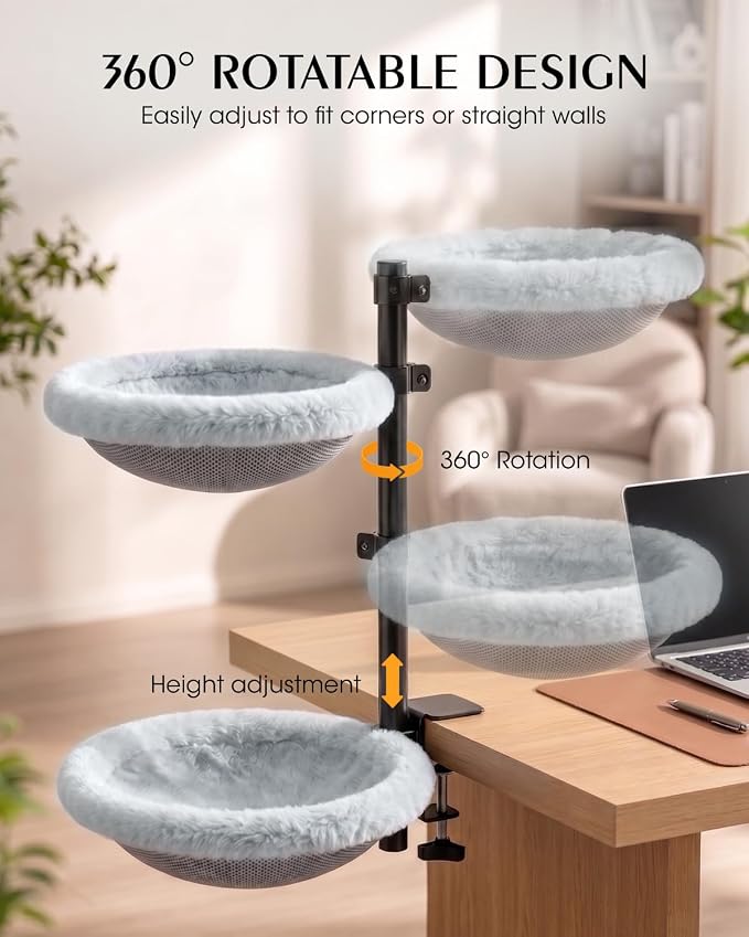 Double Cat Desk Bed, Lockable 360° Swivel, Steel Frame, 15.7-Inch | for Large Cats, Adjustable Clamp 0.5-3", Dual-Sided Cushion, 11-14" Height, No-Drill Mount, Machine Washable, Anti-Slip Base