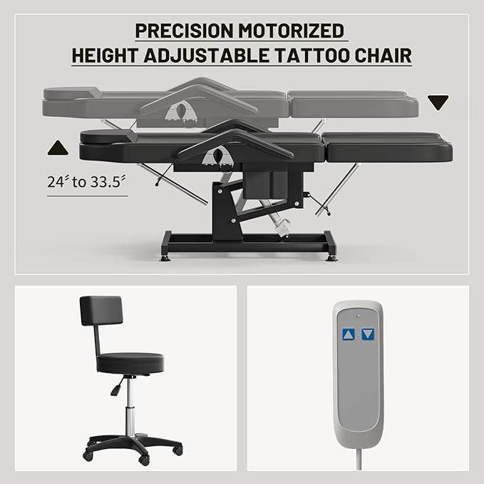 Electric Tattoo Bed + 13" Diameter Rolling Stool Combo | 3-Section Spa Table (24"-34") & Height-Adjustable Salon Chair (13.8"-21.7") for Artists