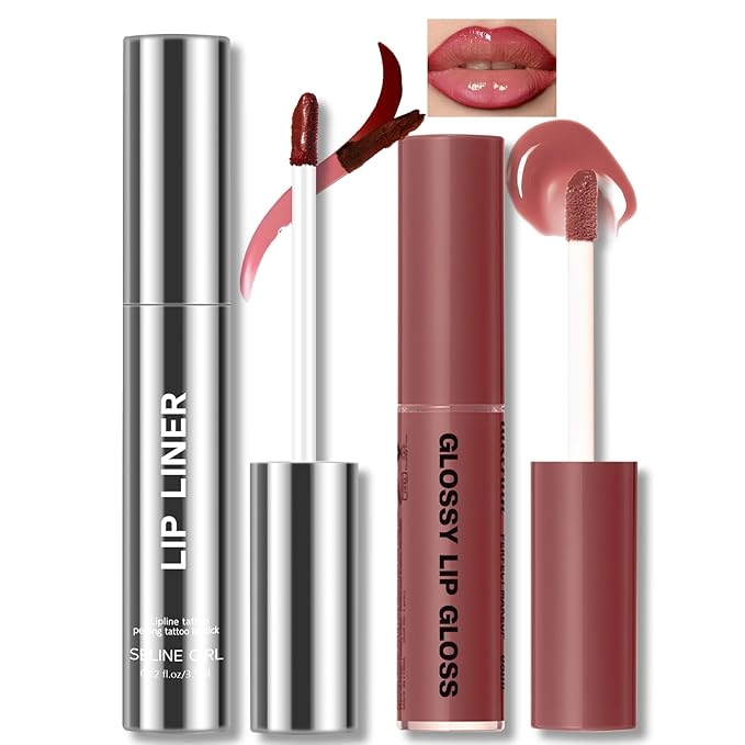 Peel Off Lip Liner Stain Tattoo, Long Lasting Waterproof Lip Stain Peel off, Tattoo Pink Plum Lip Liner and Lip Gloss Combo, Non-Stick Cup Nourishing Lip Gloss Set Lipstick Makeup