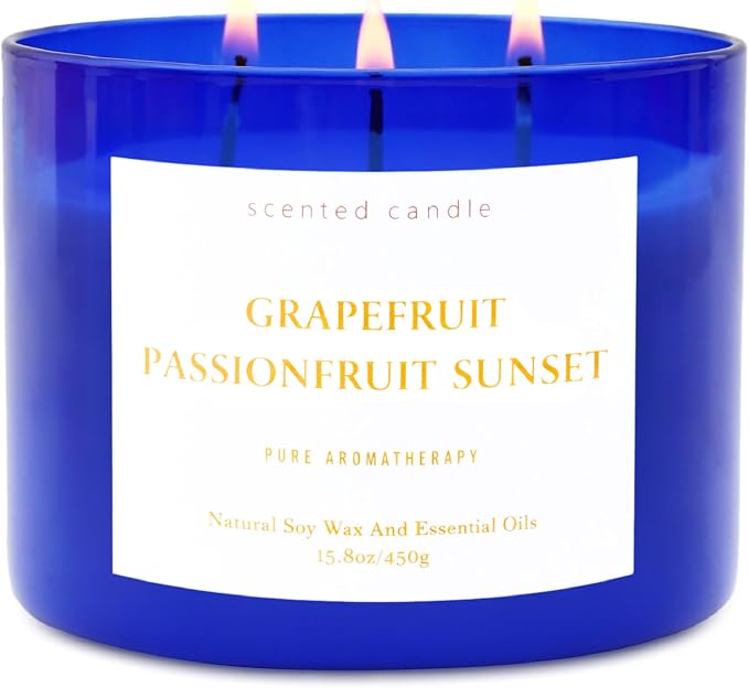 Grapefruit Passionfruit 3-Wick Summer Scented Soy Candle for Home, 15.8oz | Sweet Tropical & Fruity Scented Candles, Aromatherapy Relaxing, Strong Throw, Clean Burn, Large Candle Gift for Women & Men