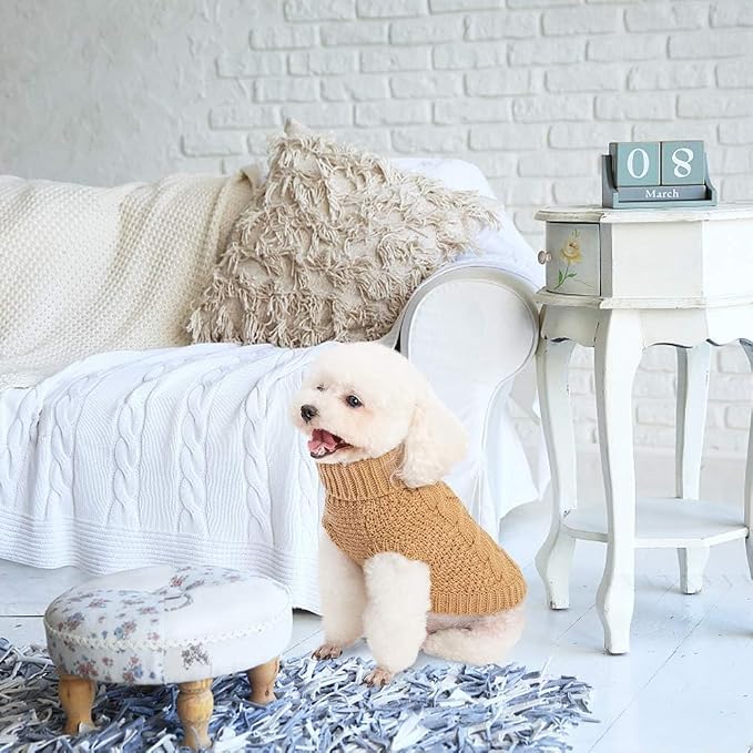 Mihachi Turtleneck Dog Sweater - Winter Coat Apparel Classic Cable Knit Clothes with Leash Hole for Cold Weather, Ideal Gift for Pet in New Year Khaki X-Small