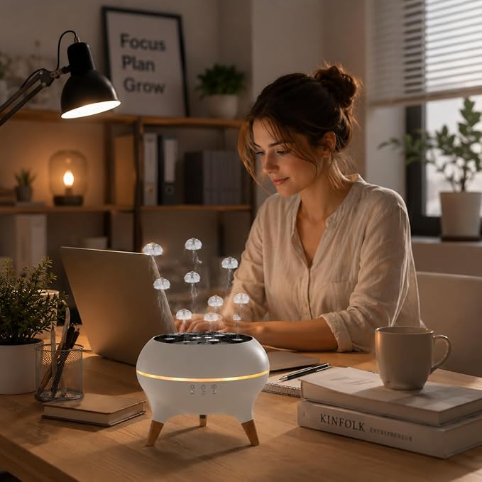 Jellyfish Essential Oil Diffuser, 250ml Aroma Diffuser Humidifier with Remote Control, 7-Color LED Lights, 4/8H Timer, Sound Activated Mist Ring Mode, Cool Mist Diffuser for Bedroom, Desk, Office