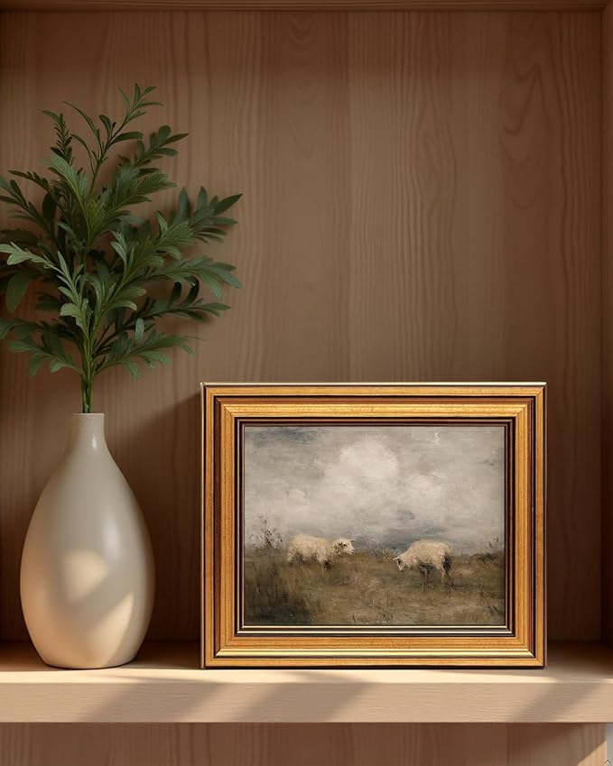 ZLPLLHA Gold Framed Wall Art Vintage Wall Decor Sheep Canvas Art Animal Pictures Rustic Landscape Paintings Scenery Artwork Farmhouse Prints For Living Room Bedroom Office