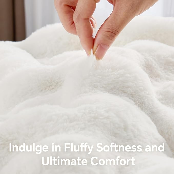 BEDELITE Faux Fur Throw Bubble Blanket for Couch, 50" x 60", Cream | 870GSM Soft Cozy Plush Blanket for Sofa & Bed Living Room Decor, Warm Fuzzy Faux Rabbit Fur for Women Gift, All Season Use