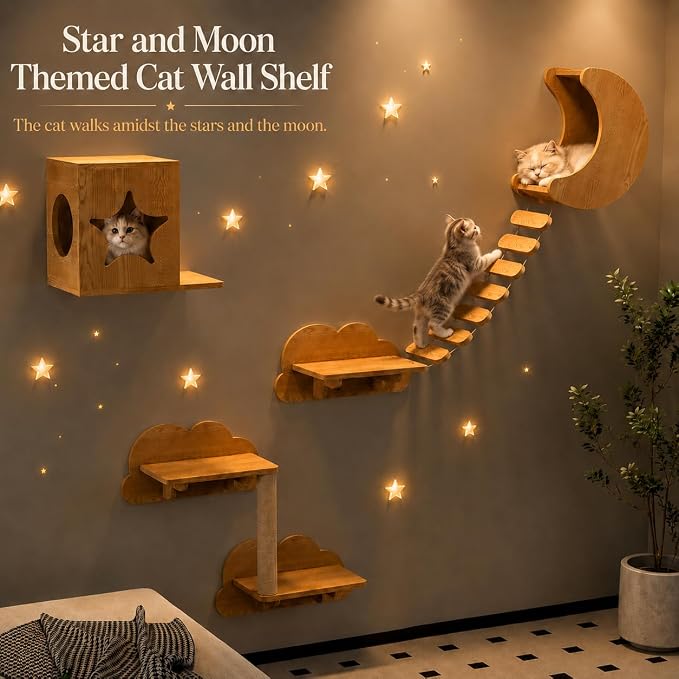 Solid Wood Climbing System for Large Cats, 7-Piece Cat Wall-Mounted Furniture with Moon Bed, Star House, Suspension Bridge and Scratching Post for Indoor Cats