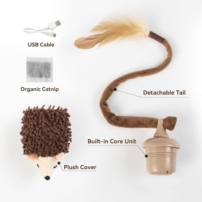 Migipaws Interactive Hedgehog Cat Toy 360° Rolling & Spin with Soft Plush Tail for Indoor Cats Smart Motion Sensor, Realistic Squeak, Rechargeable Plush Kitten Toy (Brown)