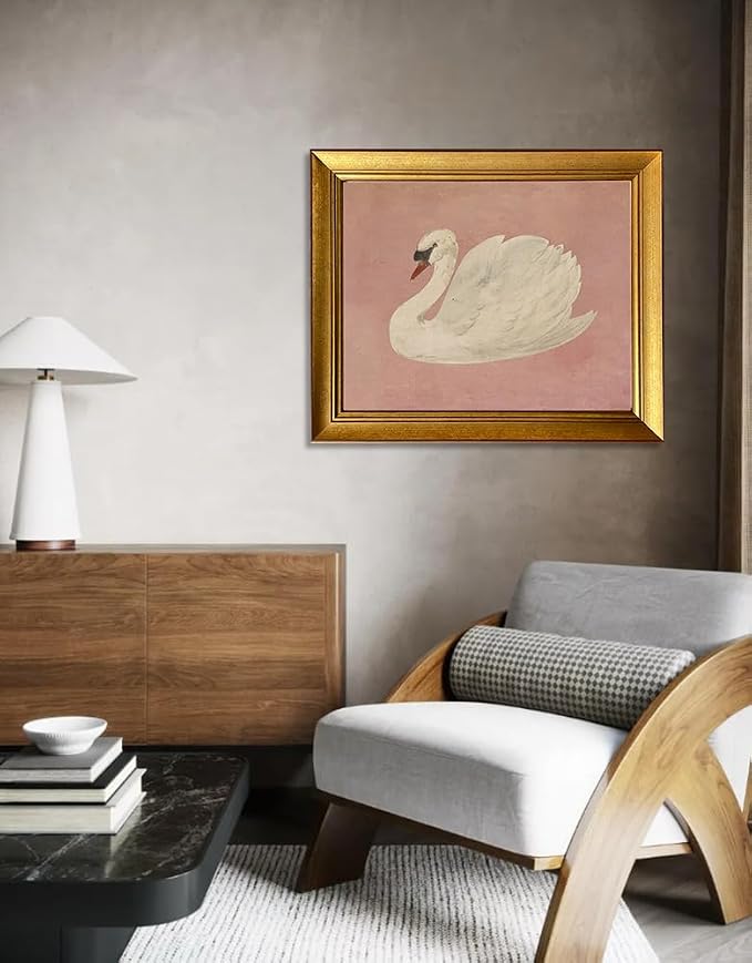 Vintage Gold Framed Wall Decor White Swan Canvas Print Farmhouse Pink Wall Art Cute Swan Painting Artworks for Girly Bathroom Decor Living Room Bedroom