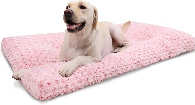 KSIIA Washable Dog Beds Large Sized Dog Crate Bed Plush Mat 41"x27" Pink | Deluxe Plush Comfy Kennel Pad, Anti-Slip Bottom,Deep Sleeping Mat for Large Dogs,Machine Washable for Easy Cleaning