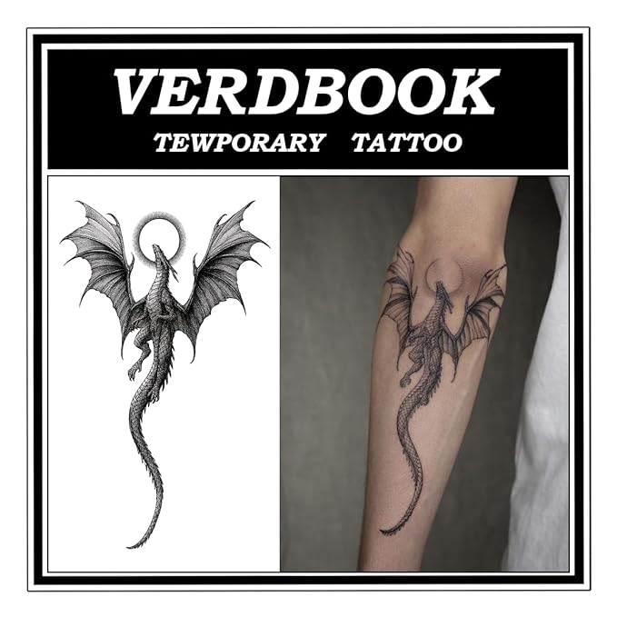 Waterproof Temporary Tattoos: 2-Sheet Tattoo Kit with Realistic Body Stickers, Semi-Permanent Tattoos for Adults Lasting 7-15 Days – Safe for Men & Women, Haloed Winged Dragon Pattern