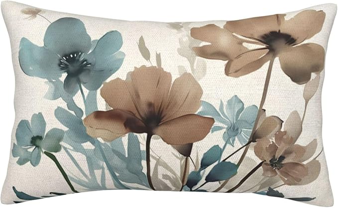 Spring Floral Pillow Covers 12x20 Inches Set of 2 Blue Brown Floral Throw Pillow Covers Outdoor Rustic Summer Flower Decor Pillowcase Farmhouse Decorative Lumbar Cushion Cover for Sofa Couch