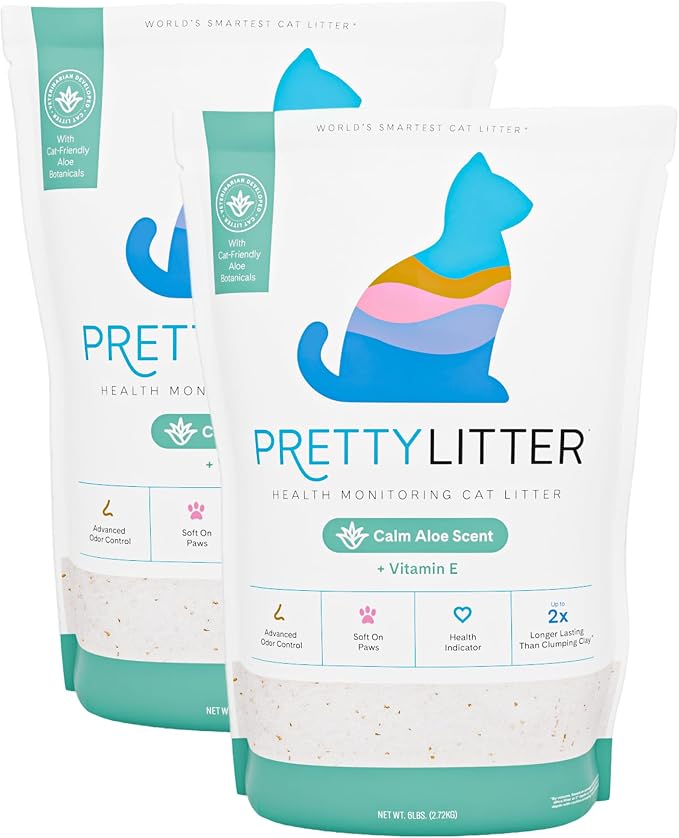 PrettyLitter Health Monitoring Cat Litter, Calm Aloe, 2-Pack, 6 lb. Bags | Up to 2 Months Supply, Non-Clumping, Advanced Odor Control, Automatic Litter Box Compatible, Color Changing Silica Crystals