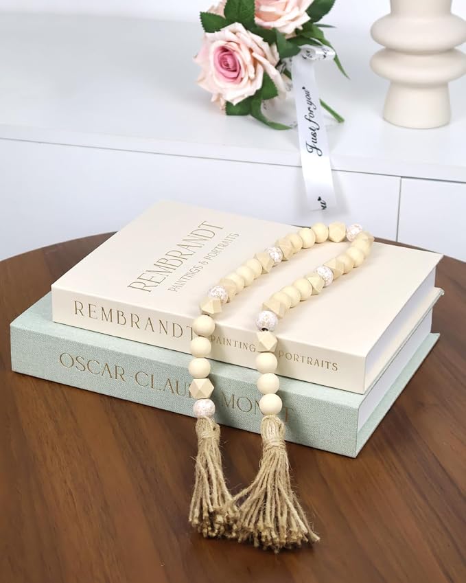 Decorative Books, Coffee Table Decor, 2 Linen Faux/Fake Books with Farmhouse Beads for Home Decor, Bookself, Entryway, Mordern Room Decor Aesthetic (Sage Green + Beige)