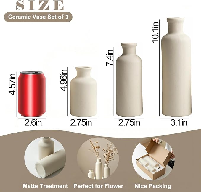 Modern Ceramic Vase Set of 3, Beige Colors, Decorative Bottles for Home, Farmhouse Rustic Decor, Housewarming Gifts, Wedding Gifts, Bridal Shower Gifts, Birthday Gifts for Women (Beige)