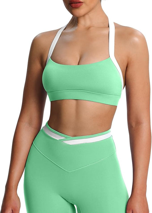 Aoxjox Women's Color Block Halter Workout Sports Bras Fitness Athletic Vanessa Bra Yoga Crop Tank