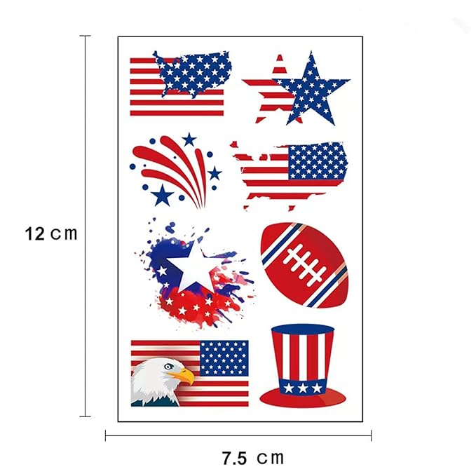4th of July Temporary Tattoos, 90pcs American Flag Red White Blue Fake Tattoo Stickers, Independence Day Fourth of July Body Art USA National Memorial Decorations for Labor Day Party