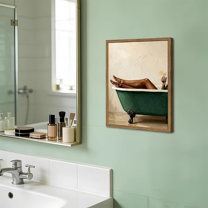 Black Woman Green Bathtub Wall Art Modern Luxury Bathroom Wall Decor Painting, Vintage Afrocentric Girl Bathroom Poster Canvas Print Picture 12x16 inch Wood Framed