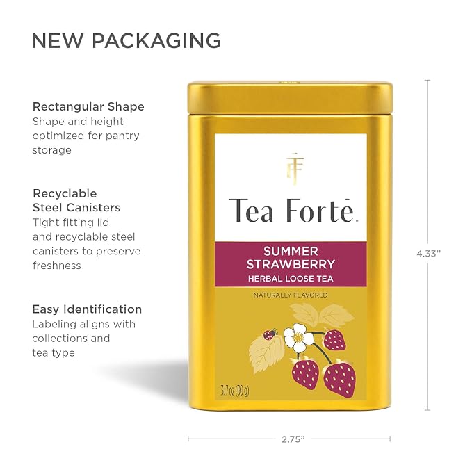 Tea Forte Summer Strawberry Premium Loose Leaf Caffeine-Free Herbal Tea Blend Canister, Makes 35-50 Cups