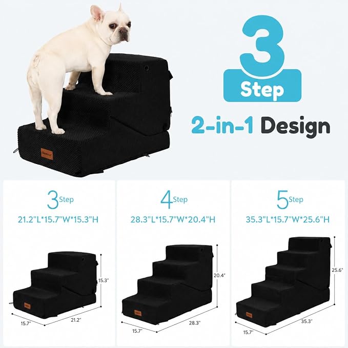 3-Step Dog Stair and Ramp for Small Dogs and Cats, Pet Steps for Sofa and Couch with Non-Slip Bottom, Black