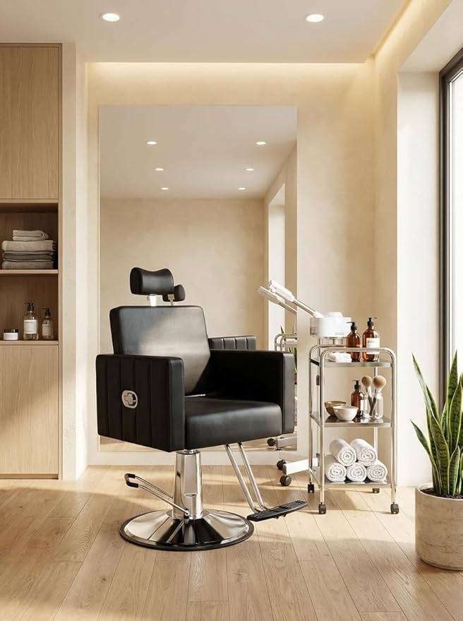 Baasha Reclining Black Salon Chair with Adjustable Headrest, All-Purpose Hydraulic Styling Chair, Soft PU Leather, Heavy-Duty Steel Frame, 440 lbs Capacity, for Haircut, Braiding & Tattoo