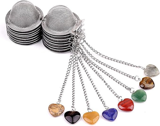 5 Pcs Stainless Steel Tea Ball Infusers with Heart Natural Crystal Charms, Fine Mesh Tea Strainers with Extension Chain & Hook for Loose Leaf Tea, Spices, Seasonings