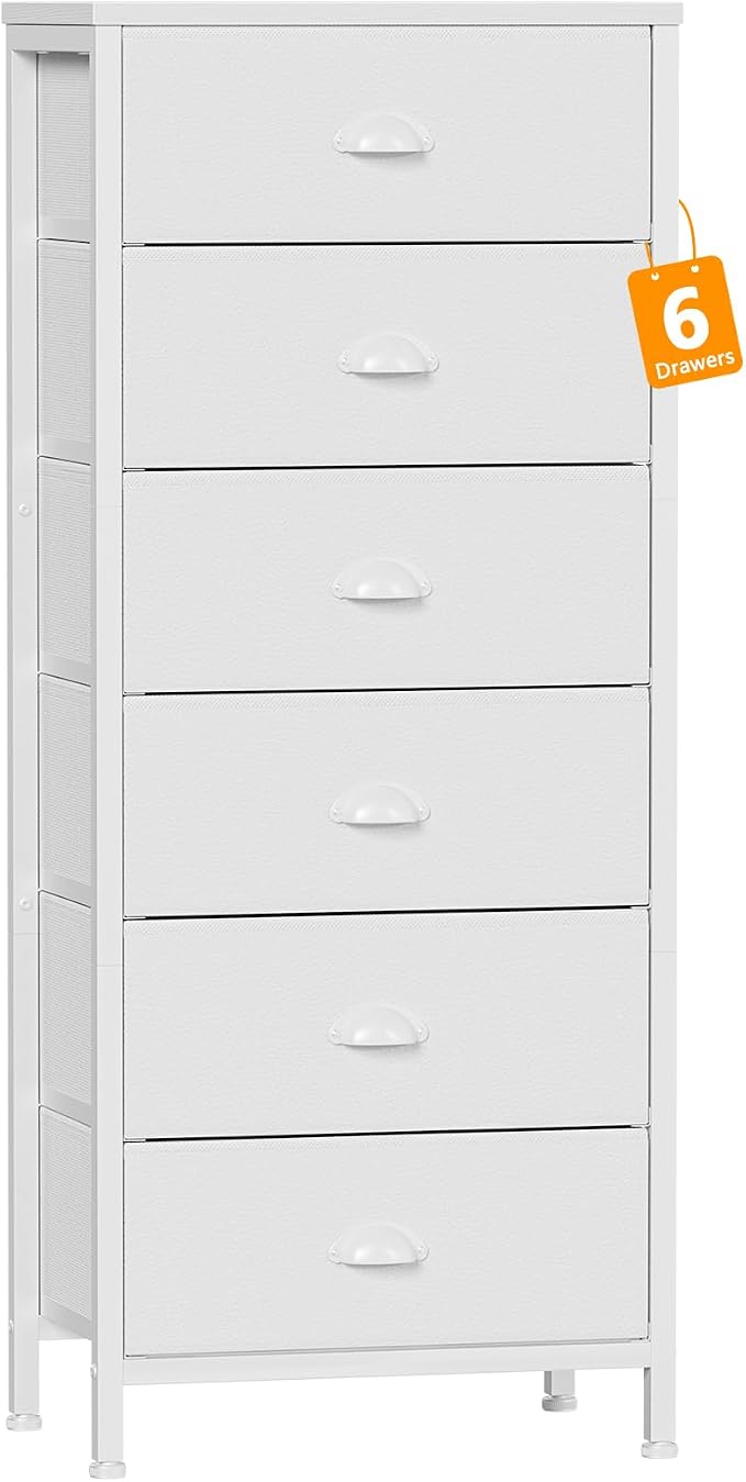 White Dresser for Bedroom, 6 Fabric Drawers Chest of Drawers | Tall Skinny Dresser for Closet, Vertical Storage Tower Unit, Tall Nightstand for Dorm, Living Room, Metal Frame, Wooden Top