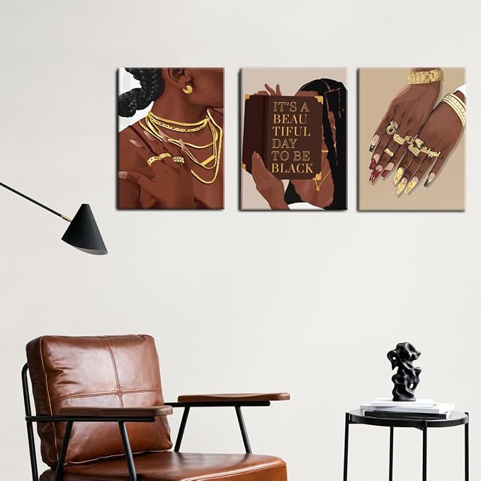 Marllifenney 3 Pcs Black Woman Wall Art Framed Black Girl Posters Abstract African American Canvas Prints Black Women Painting Decor Modern Boho Female Pictures for Bedroom Living Room Office 12x16in