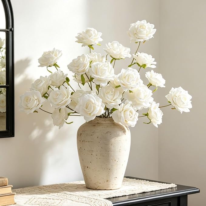 INXUGAO Artificial Flowers Fake Roses, 10 Pcs 28" Long Stem Silk White Roses for Outdoor Indoor, Realistic Faux Flowers for Tall Planter Vase Porch Patio Decor